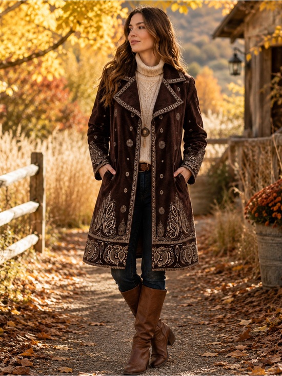 Unbranded Jackets & Blazers - Vintage Boho Embroidered Coat Sz M Jacket Brown Paisley Festival Velvet Duster